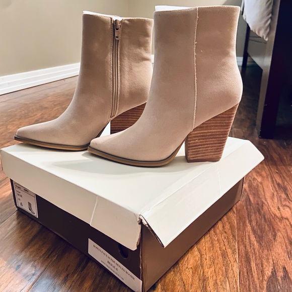 Oasis Society Shoes - Womens Beige Suede Ankle Booties with Block Heel